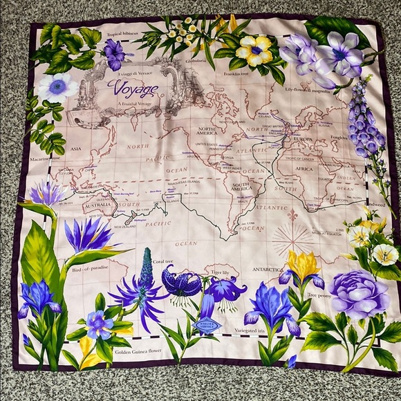 VNTG Atelier Versace Voyage Floral Map Scarf - Purple, Green, Yellow & pink - Picture 8 of 9